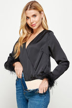 Black Color Block Satin Bodysuit With Feather Trim