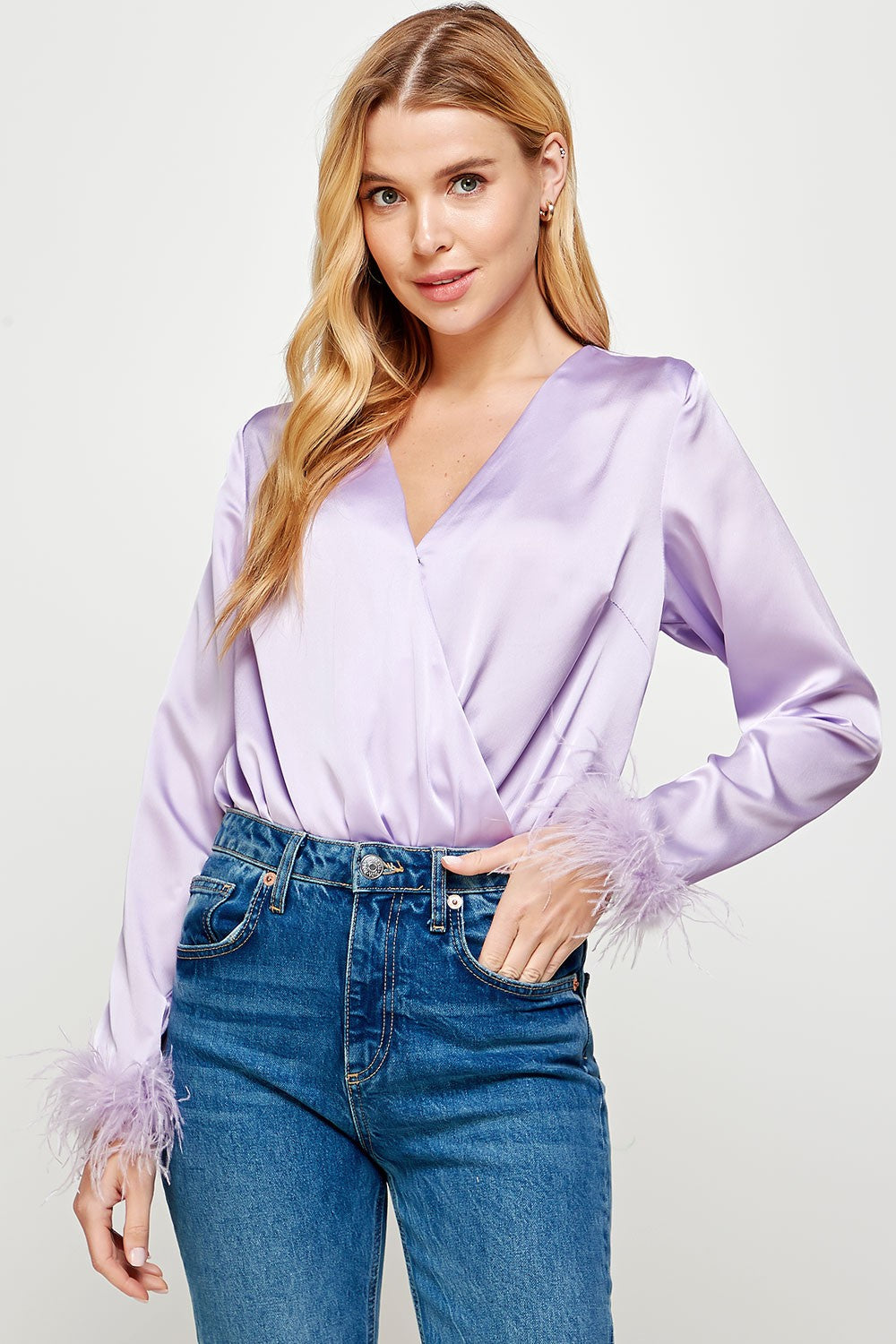 Lilac Color Block Satin Bodysuit With Feather Trim