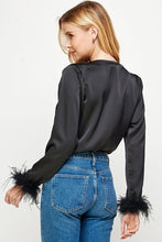 Black Color Block Satin Bodysuit With Feather Trim