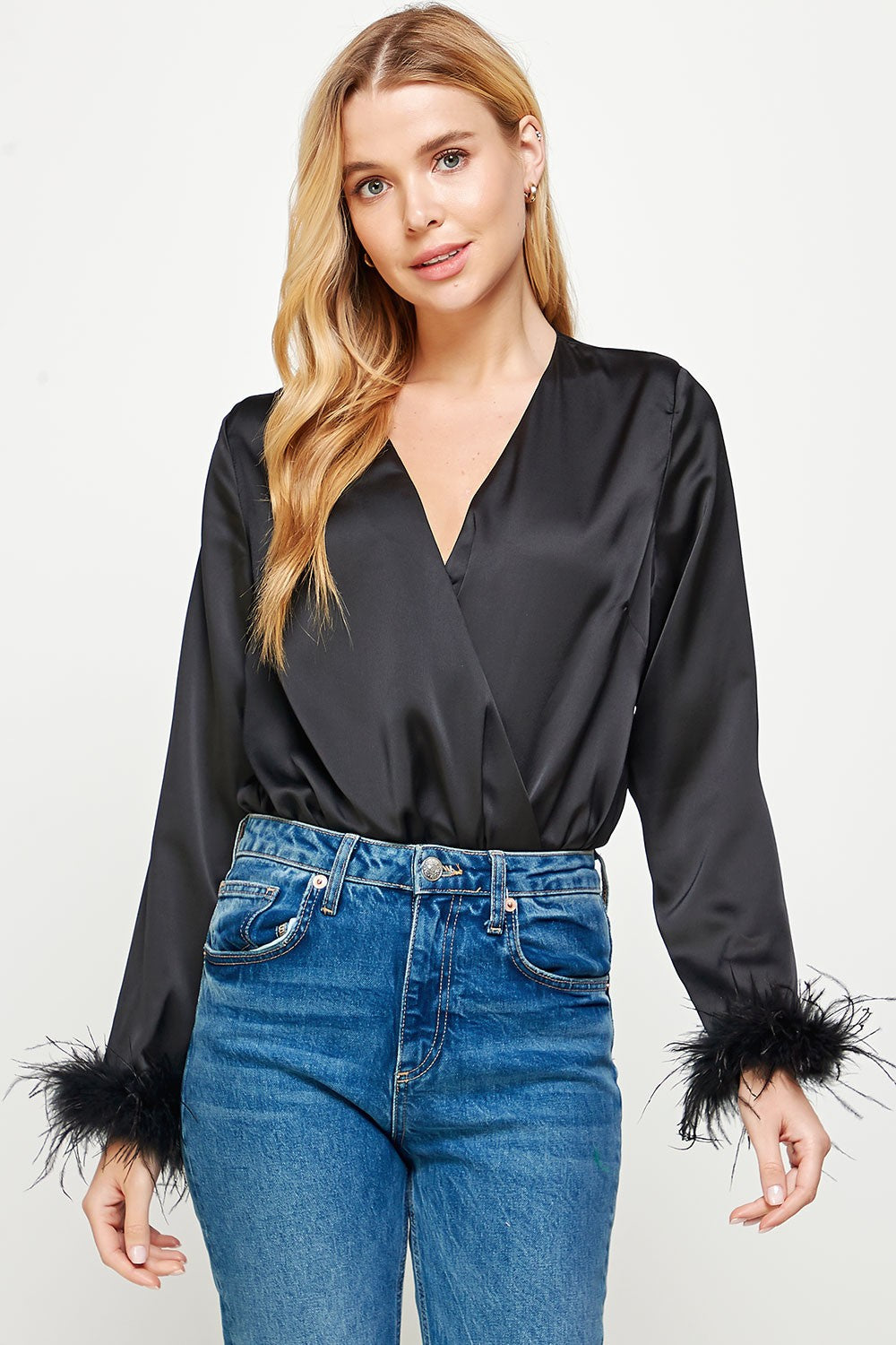 Black Color Block Satin Bodysuit With Feather Trim