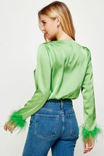 Light Green Color Block Satin Bodysuit With Feather Trim