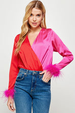 Red/Fuchsia Color Block Satin Bodysuit With Feather Trim
