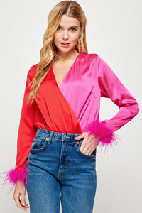 Red/Fuchsia Color Block Satin Bodysuit With Feather Trim