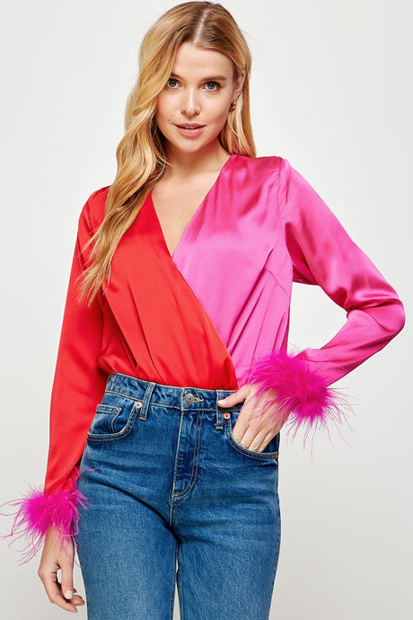 Red/Fuchsia Color Block Satin Bodysuit With Feather Trim