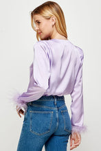 Lilac Color Block Satin Bodysuit With Feather Trim