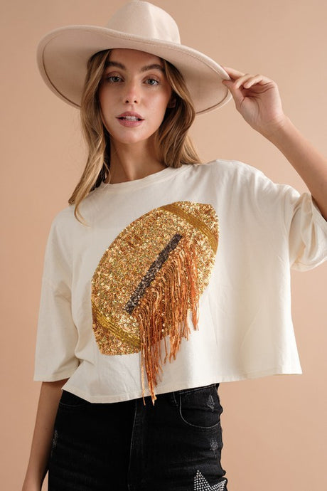 Cream Embellished Sequin Football Fringe Crop T Shirt