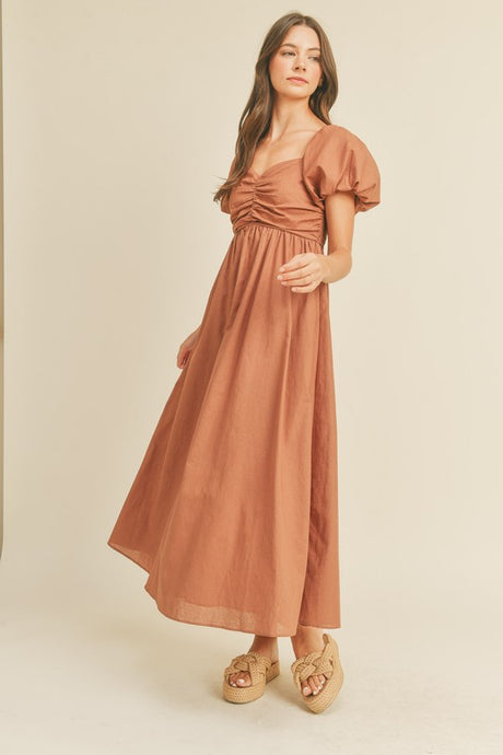 Mocha Brown Puff Sleeve Midi Dress