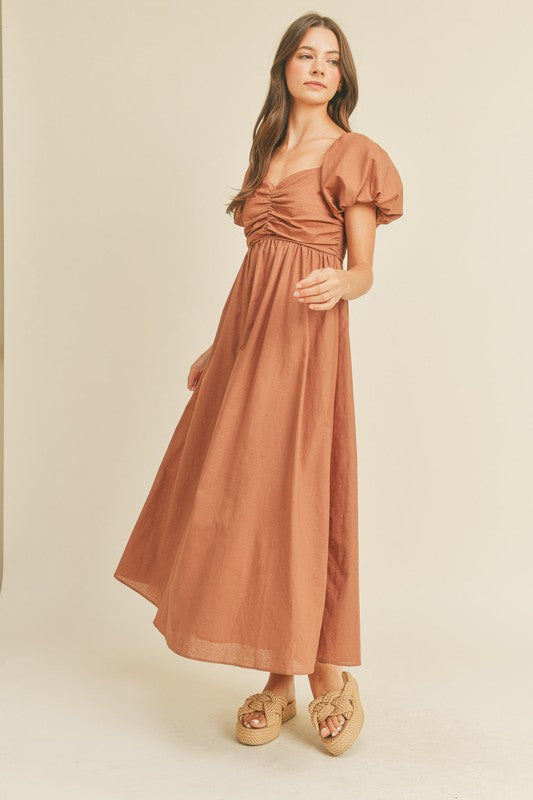 Mocha Brown Puff Sleeve Midi Dress