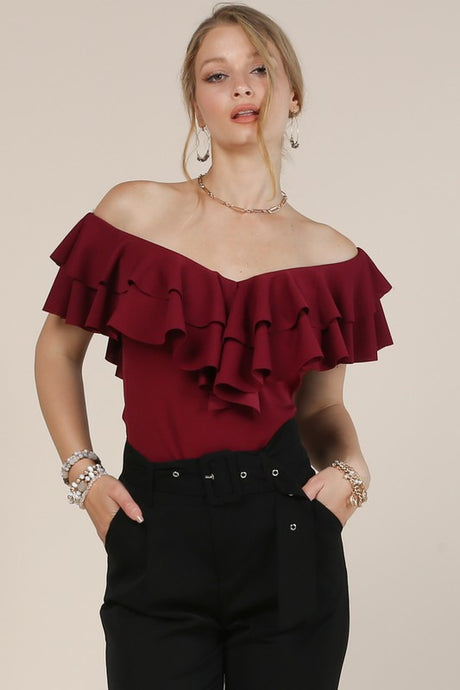 Burgundy V Neck Ruffled Top