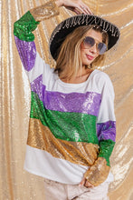 Purple/Mustard Mardi Gras Sequins Colorblock Lslv Top