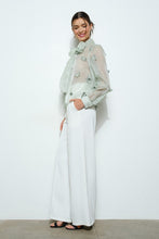 Sage Sheer Embroidered Butterfly Bow Tie Blouse