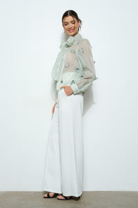 Sage Sheer Embroidered Butterfly Bow Tie Blouse