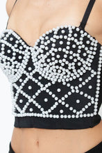 Black/Ivory Pearl Criss Cross Pattern Corset Crop Top