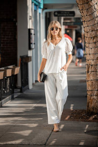 Ivory Short Sleeve Puff Lace Sleeve Top Velvet