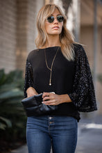 Black Boatneck Sequin Flutter Sleeve Top