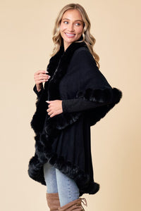 Black Faux Fur Shawl Women Fine Knit Open