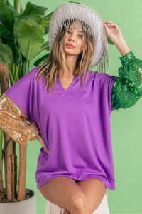 Purple/Gold/Green Mardi Gras Color Block Sequins Sleeves V Neck Top
