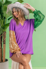 Purple/Gold/Green Mardi Gras Color Block Sequins Sleeves V Neck Top