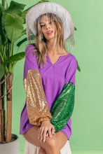 Purple/Gold/Green Mardi Gras Color Block Sequins Sleeves V Neck Top