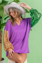 Purple/Gold/Green Mardi Gras Color Block Sequins Sleeves V Neck Top