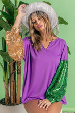 Purple/Gold/Green Mardi Gras Color Block Sequins Sleeves V Neck Top