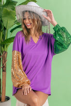 Purple/Gold/Green Mardi Gras Color Block Sequins Sleeves V Neck Top