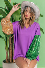 Purple/Gold/Green Mardi Gras Color Block Sequins Sleeves V Neck Top