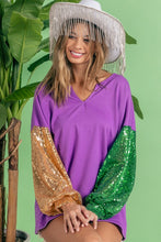 Purple/Gold/Green Mardi Gras Color Block Sequins Sleeves V Neck Top