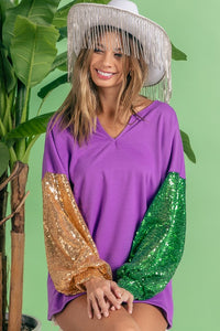 Purple/Gold/Green Mardi Gras Color Block Sequins Sleeves V Neck Top
