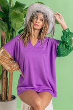 Purple/Gold/Green Mardi Gras Color Block Sequins Sleeves V Neck Top