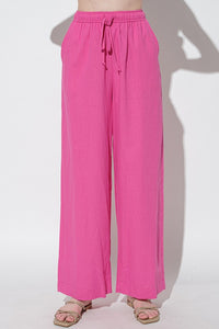 Pink Solid Straight Pants With Elastic Waist Band