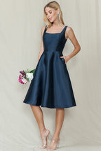 Navy Square Neck Solid Color Taffeta Midi