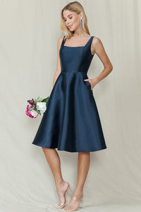 Navy Square Neck Solid Color Taffeta Midi