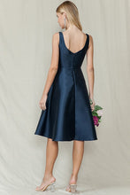 Navy Square Neck Solid Color Taffeta Midi