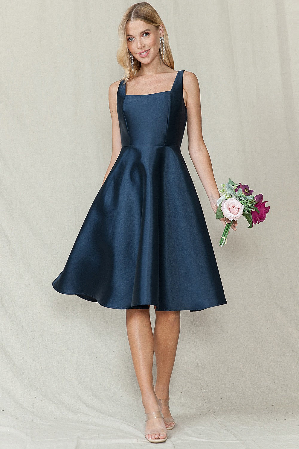 Navy Square Neck Solid Color Taffeta Midi