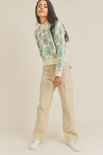 Bright Green Floral Pattern Knit Sweater