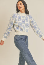 Deep Babyblue Floral Pattern Knit Sweater