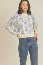 Deep Babyblue Floral Pattern Knit Sweater