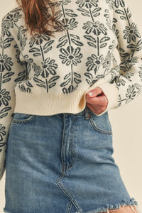 Charcoal Grey Floral Pattern Knit Sweater