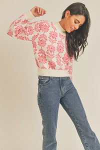 Electric Pink Floral Pattern Knit Sweater