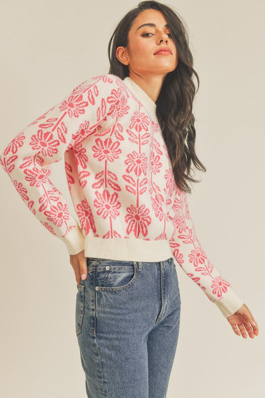 Electric Pink Floral Pattern Knit Sweater