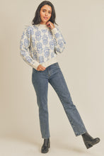 Deep Babyblue Floral Pattern Knit Sweater