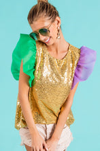 Mustard Mardi Gras Color Block Sequin Top Organza Sleeve