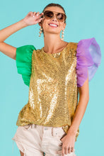 Mustard Mardi Gras Color Block Sequin Top Organza Sleeve
