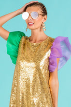 Mustard Mardi Gras Color Block Sequin Top Organza Sleeve