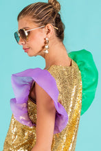 Mustard Mardi Gras Color Block Sequin Top Organza Sleeve