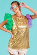 Mustard Mardi Gras Color Block Sequin Top Organza Sleeve
