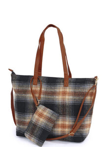 Black Plaid Weekend Tote Bag And Pouch