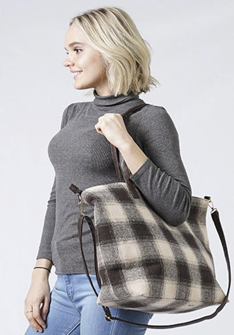 Beige Plaid Weekend Tote Bag And Pouch