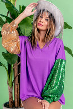 Purple/Gold/Green Mardi Gras Color Block Sequins Sleeves V Neck Top